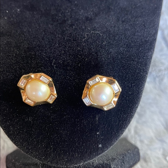 Monet Gold Earrings with Pearl and Crystal Accents - Picture 3 of 3